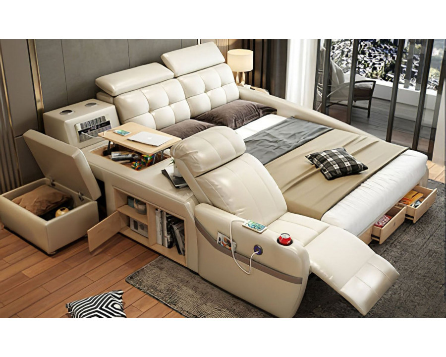 Jubilee Monica Multifunctional Smart Queen Size Left Hand Facing Bed - Beige, Bonded Leather