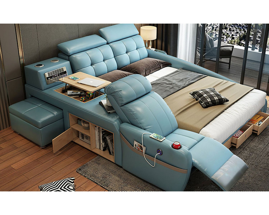 Jubilee Monica Multifunctional Smart Queen Size Left Hand Facing Bed - Blue, Bonded Leather