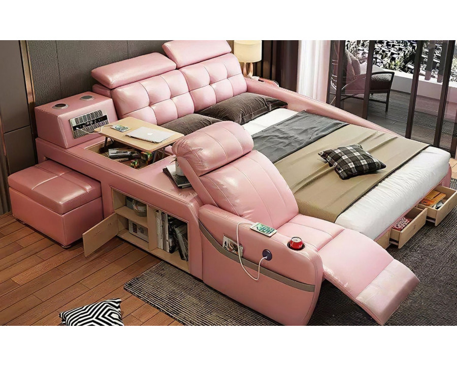 Jubilee Monica Multifunctional Smart Queen Size Left Hand Facing Bed - Pink, Bonded Leather