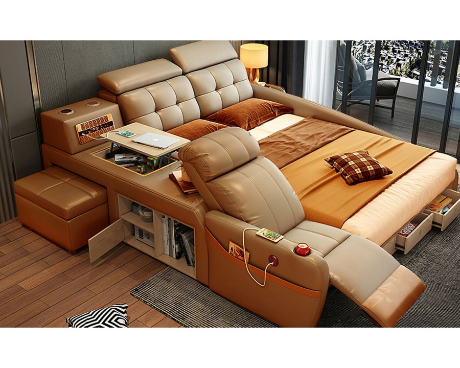 Jubilee Monica Multifunctional Smart Queen Size Left Hand Facing Bed - Brown, Bonded Leather