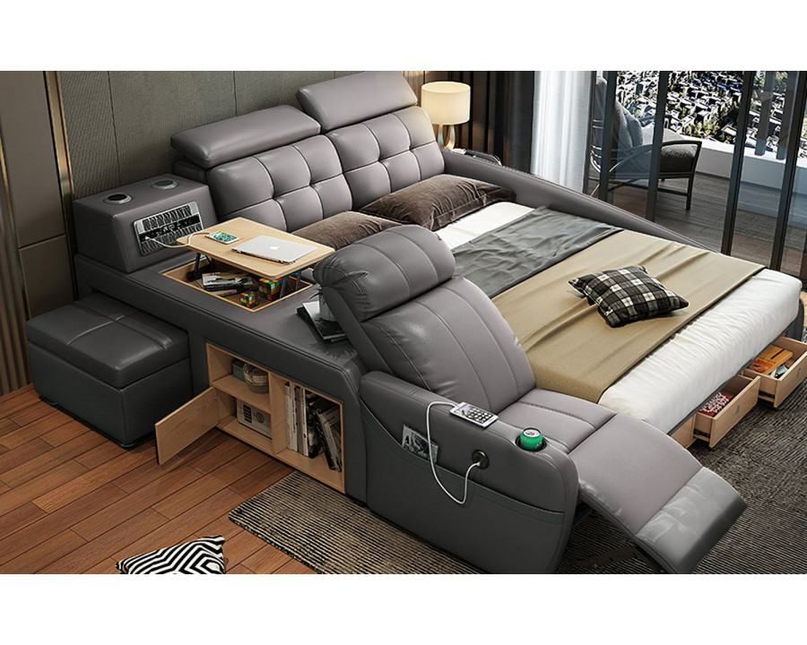 Jubilee Monica Multifunctional Smart Queen Size Left Hand Facing Bed - Gray, Bonded Leather