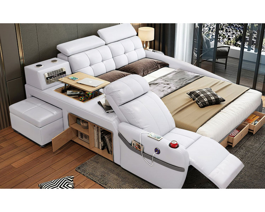 Jubilee Monica Multifunctional Smart Queen Size Left Hand Facing Bed - White, Bonded Leather