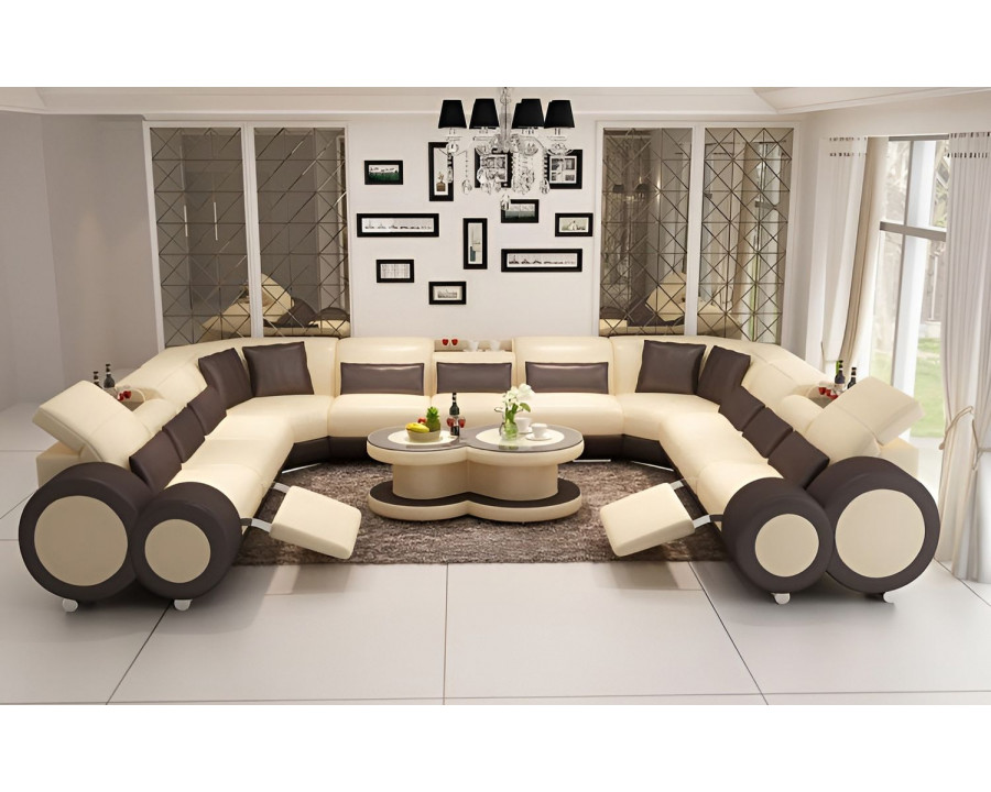 Jubilee Aetius Xl Modern U-Shape Sectional with Recliner - Beige/Dark Brown, Bonded Leather