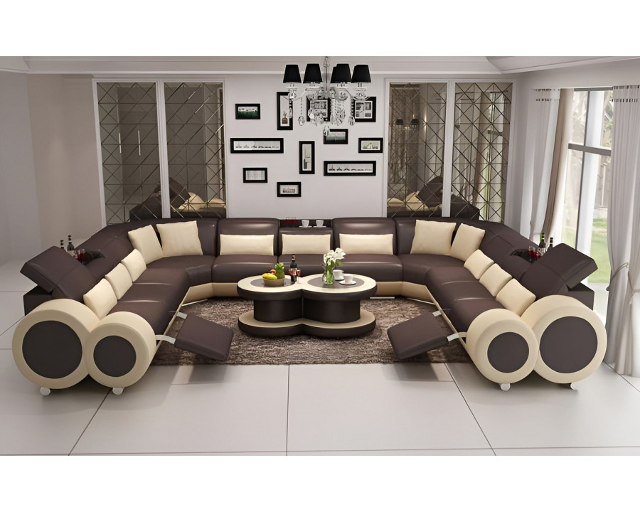 Jubilee Aetius Xl Modern U-Shape Sectional with Recliner - Dark Brown/Beige, Top Grain Italian Leather