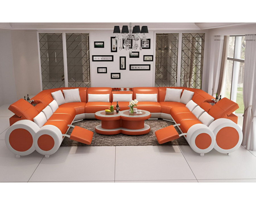 Jubilee Aetius Xl Modern U-Shape Sectional with Recliner - Orange/White, Bonded Leather