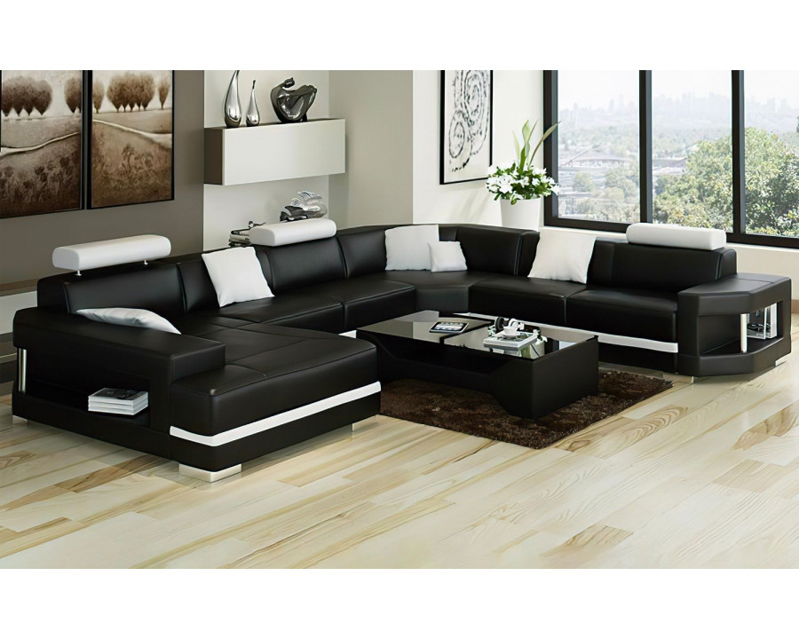 Jubilee Leroy Modern U-Shape Left Hand Facing Sectional - Black/White, Top Grain Italian Leather