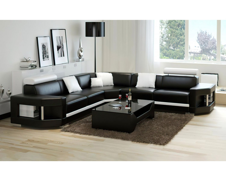 Jubilee Leroy Modern Sectional with Adjustable Headrest - Black/White, Bonded Leather