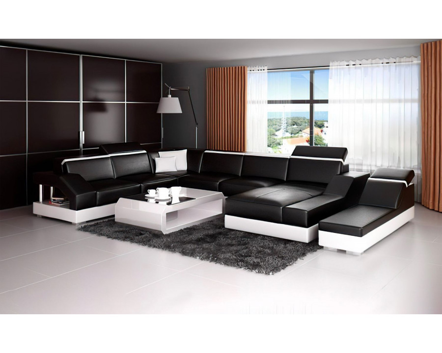 Jubilee Sadie Modern U-Shape Left Hand Facing Sectional with Side Chaise - Black/White, Bonded Leather