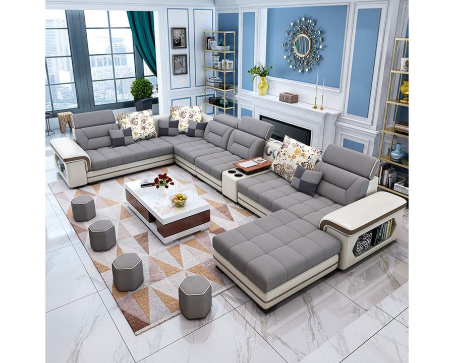 Jubilee Selena Style G Modular Tufted Sectional - Dove Gray/Cream, Top Grain Italian Leather