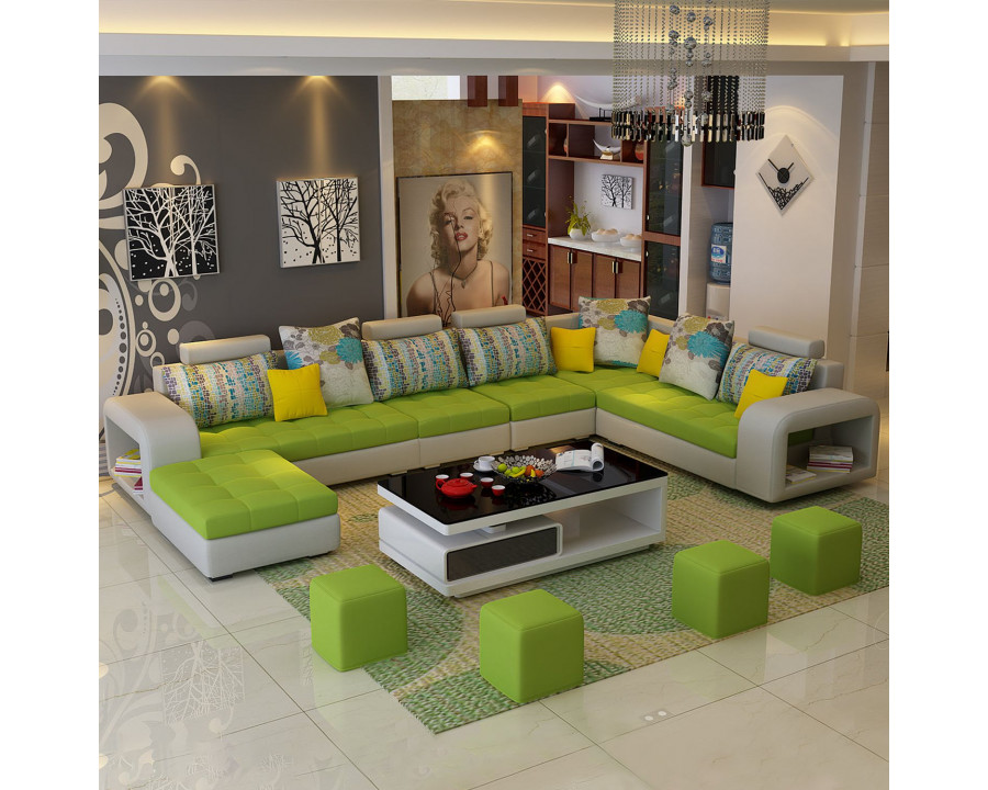 Jubilee Selena Style E Modular Tufted Sectional - Green/Light Gray, Top Grain Italian Leather