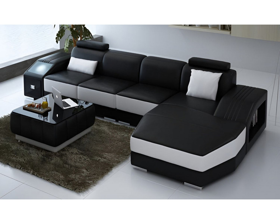 Jubilee Baiae Small Modern Right Hand Facing Sectional - Black/White, Top Grain Italian Leather