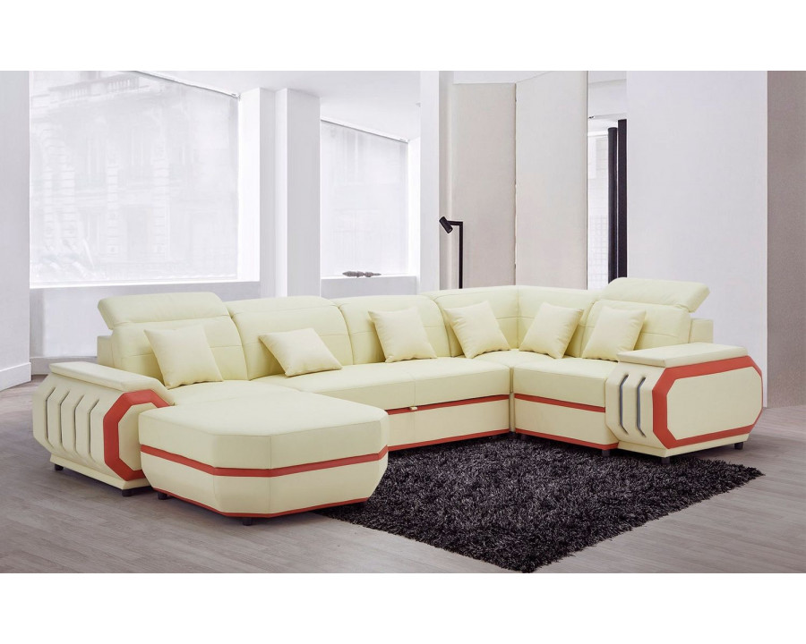 Jubilee Univo Modern Left Hand Facing Sectional with Leds - Beige/Orange, Top Grain Italian Leather