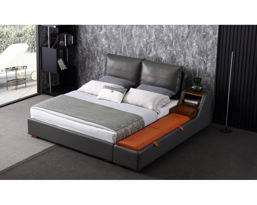 Jubilee Albion Modern Queen Size Right Hand Facing Bed with Storage - Dark Gray/Orange, Bonded Leather