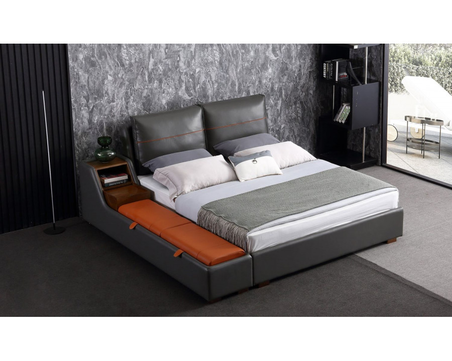 Jubilee Albion Modern Queen Size Left Hand Facing Bed with Storage - Dark Gray/Orange, Bonded Leather