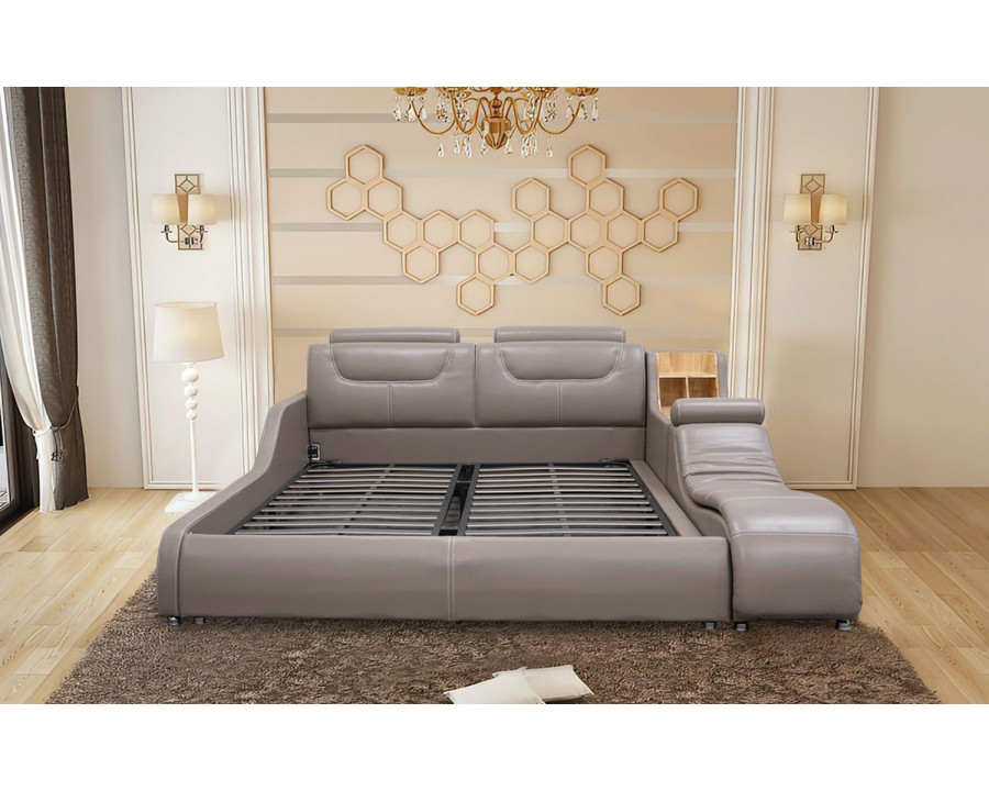 Jubilee Giamo Queen Size Right Hand Facing Bed with Chaise and Storage - Beige Gray, Bonded Leather