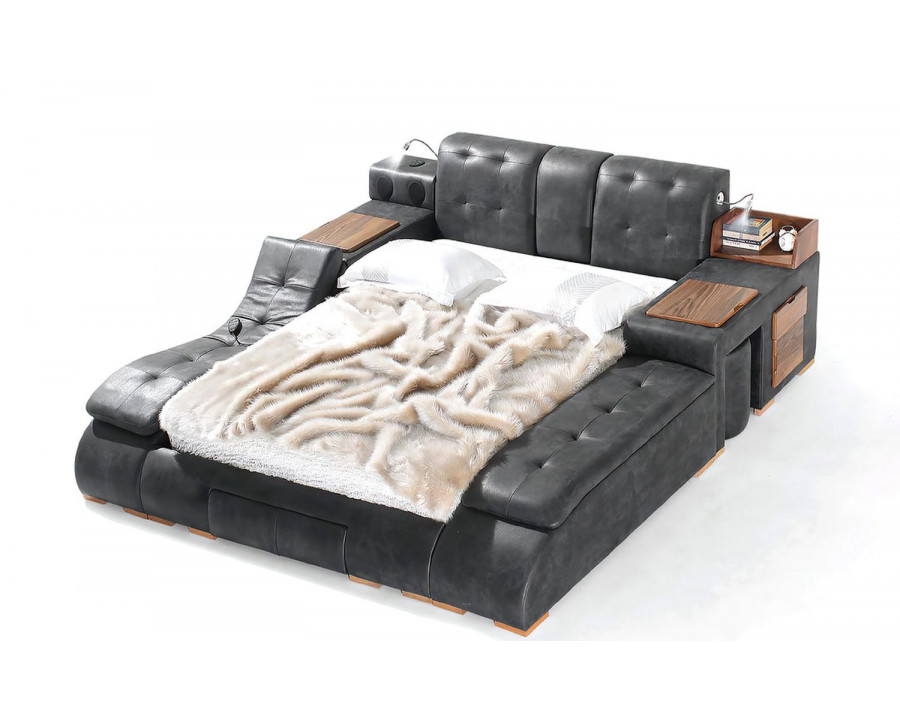 Jubilee Maysun All In One Smart Queen Size Left Hand Facing Bed with Massage Lounge Chaise - Light Gray, Top Grain Italian Leather