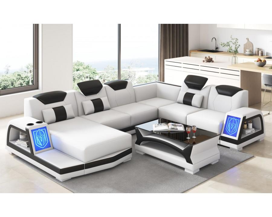 Jubilee Vincenzo Futuristic Modern Left Hand Facing Sectional with Illuminating Led - White/Black, Bonded Leather