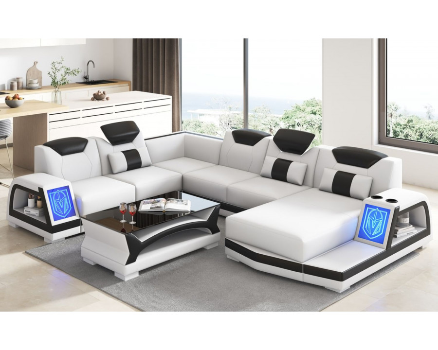 Jubilee Vincenzo Futuristic Modern Right Hand Facing Sectional with Illuminating Led - White/Black, Bonded Leather