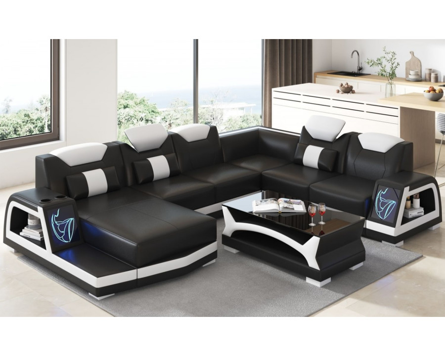 Jubilee Vincenzo Futuristic Modern Left Hand Facing Sectional with Illuminating Led - Black/White, Bonded Leather