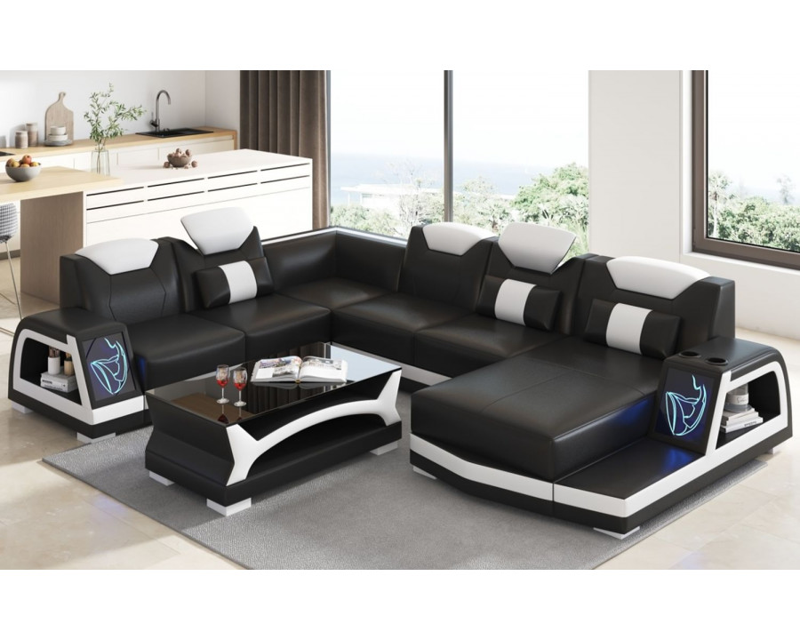 Jubilee Vincenzo Futuristic Modern Right Hand Facing Sectional with Illuminating Led - Black/White, Bonded Leather