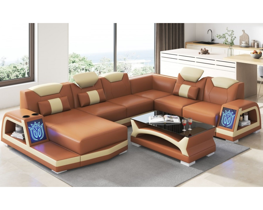 Jubilee Vincenzo Futuristic Modern Left Hand Facing Sectional with Illuminating Led - Brown/Beige, Top Grain Italian Leather