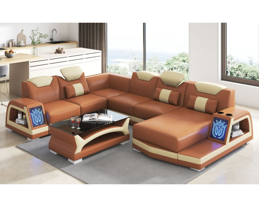 Jubilee Vincenzo Futuristic Modern Right Hand Facing Sectional with Illuminating Led - Brown/Beige, Bonded Leather