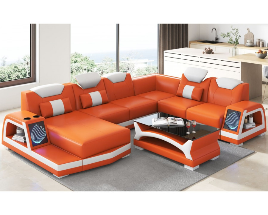 Jubilee Vincenzo Futuristic Modern Left Hand Facing Sectional with Illuminating Led - Orange/White, Top Grain Italian Leather