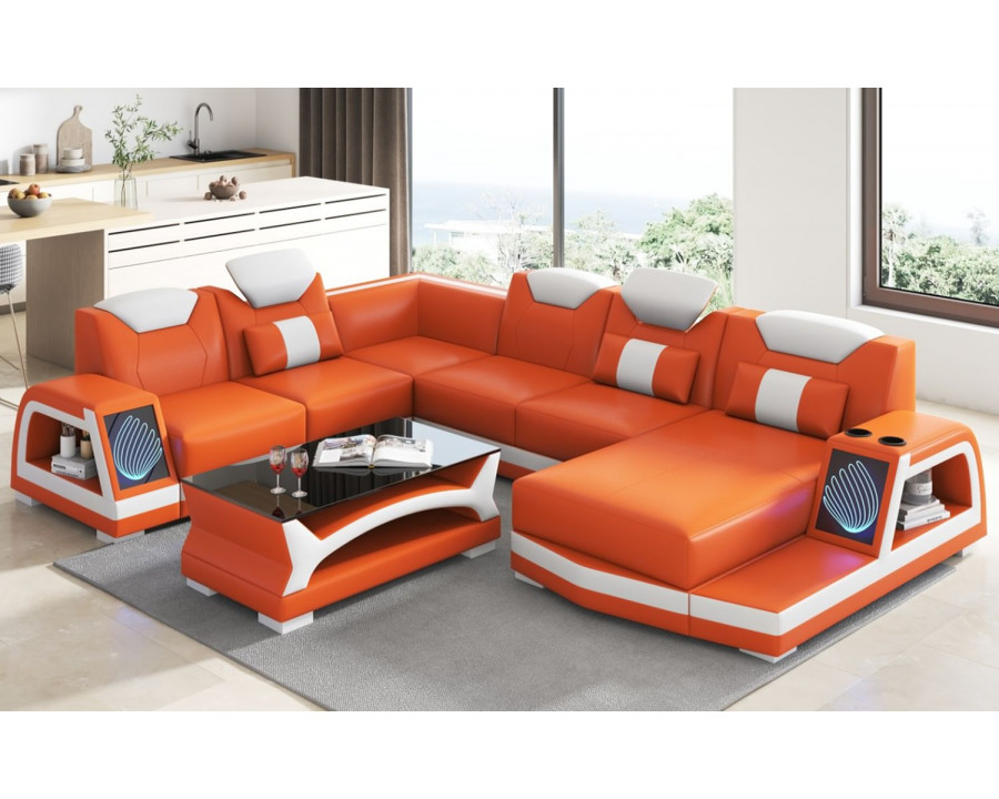 Jubilee Vincenzo Futuristic Modern Right Hand Facing Sectional with Illuminating Led - Orange/White, Bonded Leather