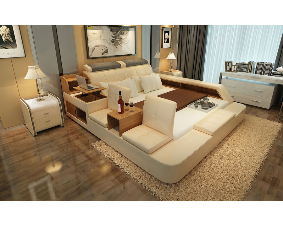 Jubilee Felicia Zen Style Ultimate King Size Left Hand Facing Bed - Cream, Top Grain Italian Leather