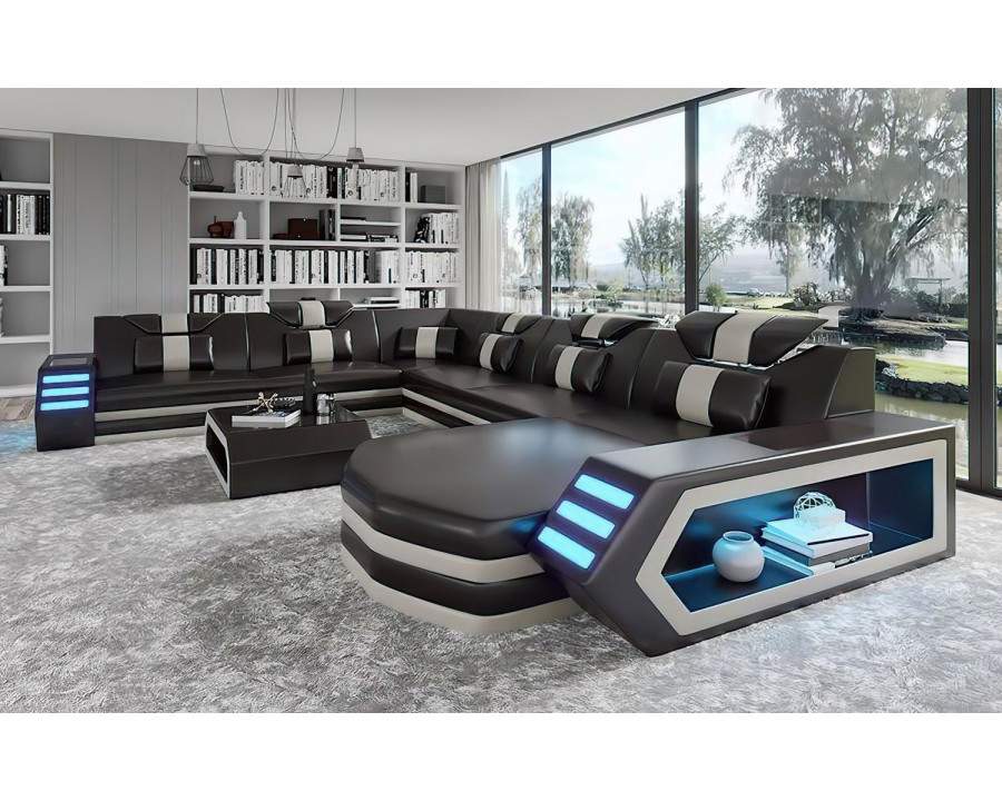 Jubilee Eileend Right Hand Facing Sectional Sofa with Leds - Black/White, Bonded Leather