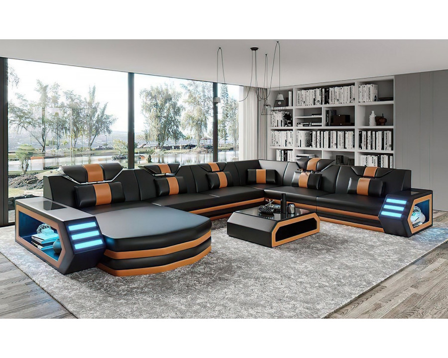 Jubilee Eileend Left Hand Facing Sectional Sofa with Leds - Black/Orange, Bonded Leather