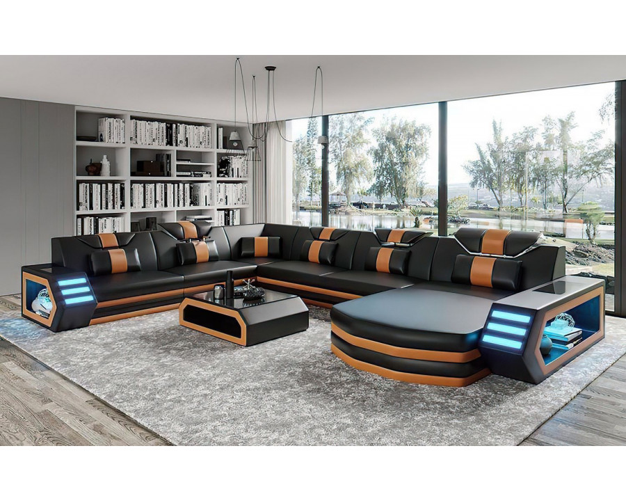 Jubilee Eileend Right Hand Facing Sectional Sofa with Leds - Black/Orange, Bonded Leather