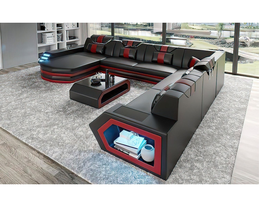 Jubilee Eileend Left Hand Facing Sectional Sofa with Leds - Black/Red, Bonded Leather