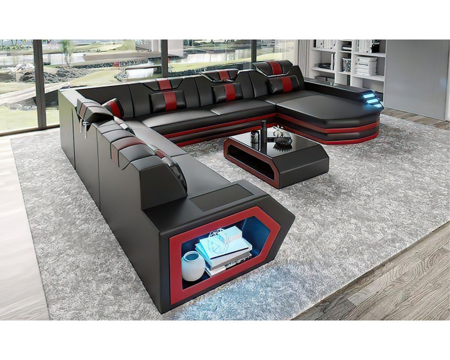 Jubilee Eileend Right Hand Facing Sectional Sofa with Leds - Black/Red, Top Grain Italian Leather