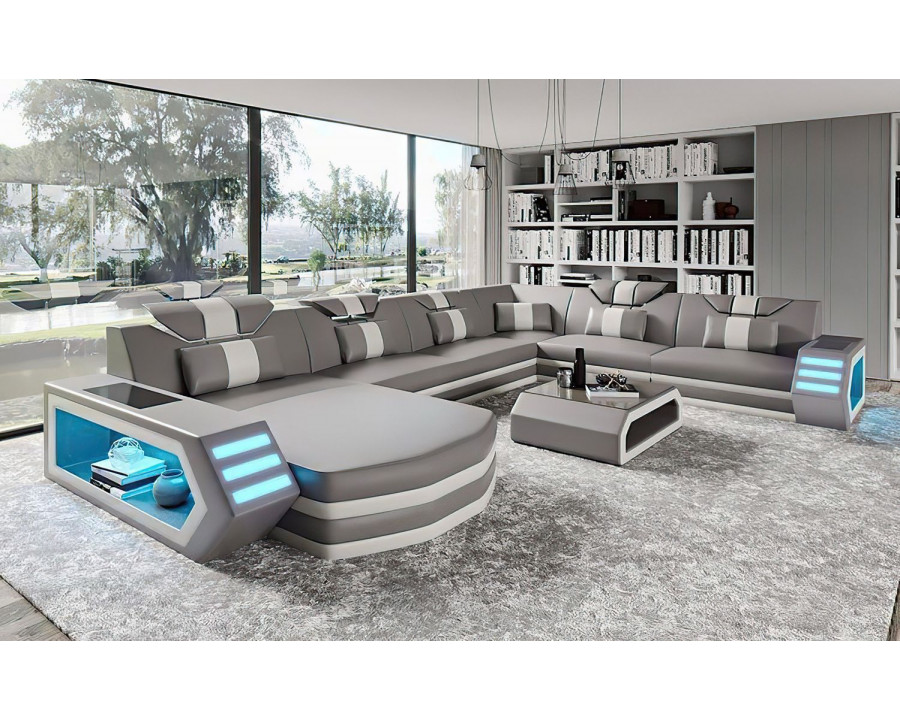 Jubilee Eileend Left Hand Facing Sectional Sofa with Leds - Light Gray/White, Bonded Leather