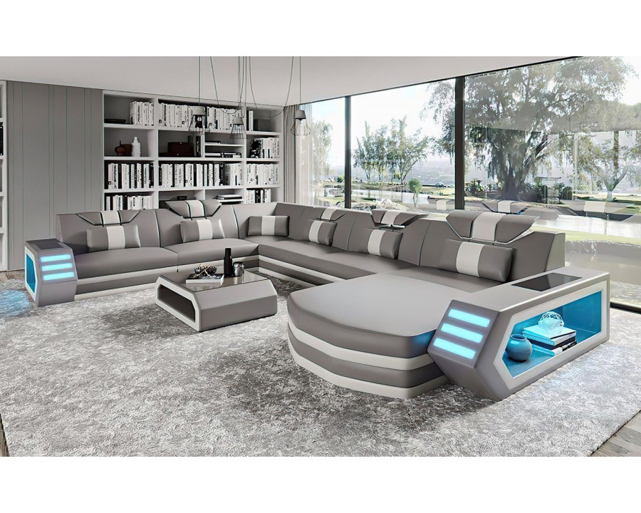 Jubilee Eileend Right Hand Facing Sectional Sofa with Leds - Light Gray/White, Bonded Leather