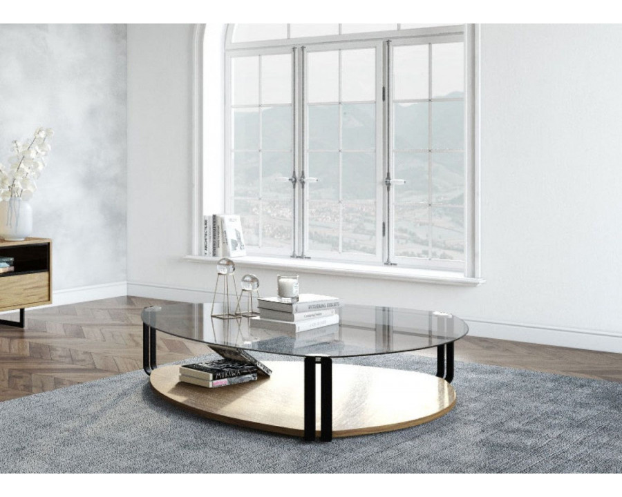 Jubilee - Cornelia Modern Coffee Table in Clear/Walnut Veneer/Black, Glass/Wood/Stainless Steel