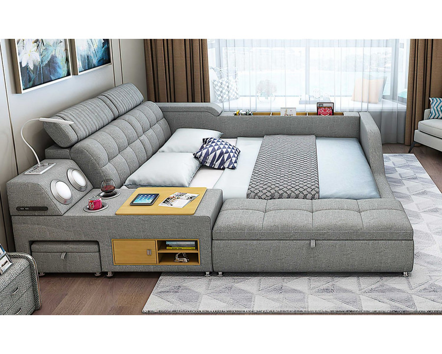 Jubilee Athena Modern Multifunctional Smart Queen Size Left Hand Facing Bed - Gray, Fabric