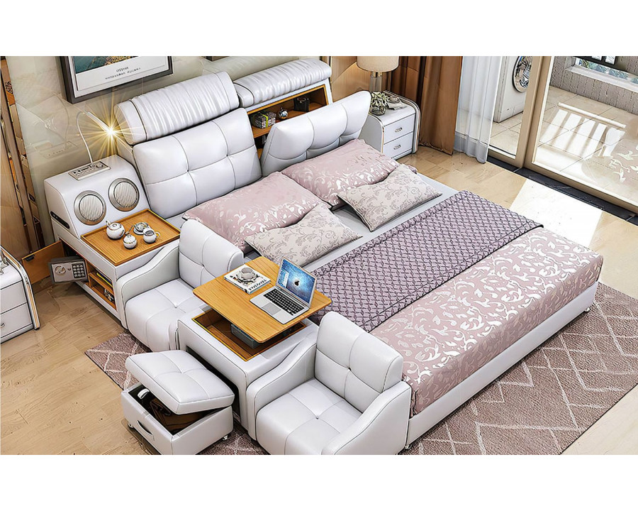 Jubilee Lucinda Modular Modern Multifunctional Smart Queen Size Left Hand Facing Bed - White, Bonded Leather