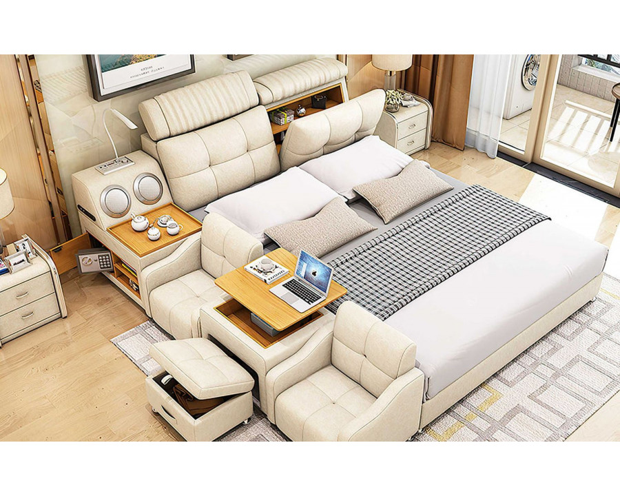 Jubilee Lucinda Modular Modern Multifunctional Smart Queen Size Left Hand Facing Bed - Beige, Top Grain Italian Leather