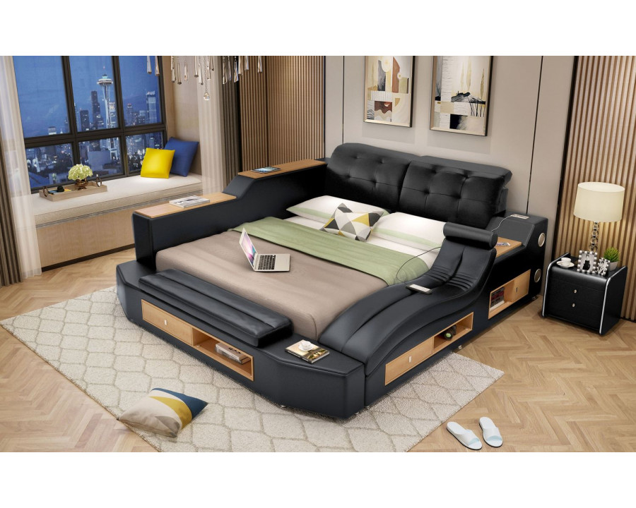 Jubilee Apollo Modern Multifunctional Smart Queen Size Left Hand Facing Bed - Black, Bonded Leather