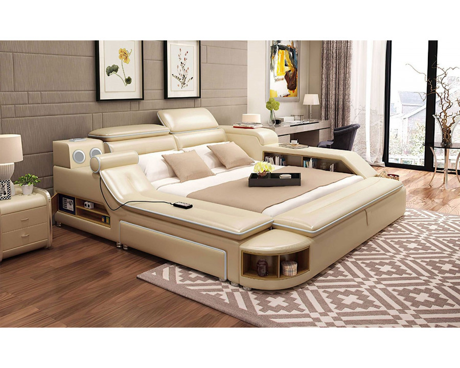 Jubilee Aria Modern Multifunctional Smart Queen Size Left Hand Facing Bed with Bluetooth Speakers - Beige/White, Fabric