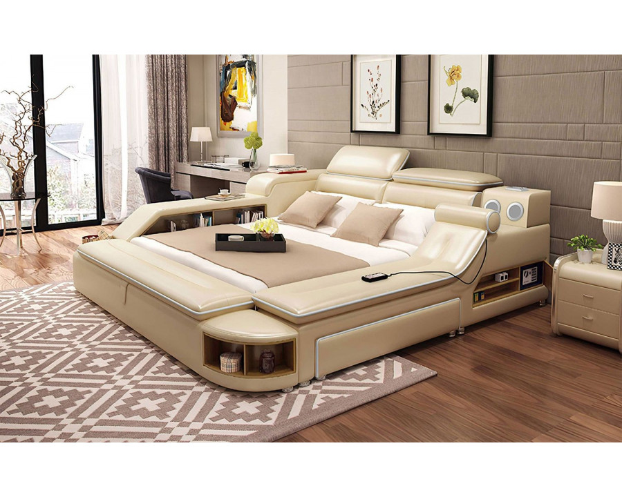 Jubilee Aria Modern Multifunctional Smart Queen Size Right Hand Facing Bed with Bluetooth Speakers - Beige/White, Fabric