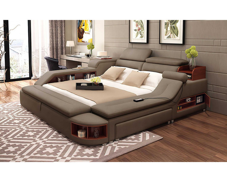 Jubilee Claudia Modern Multifunctional Smart Queen Size Left Hand Facing Bed with Bookshelves - Brown, Bonded Leather