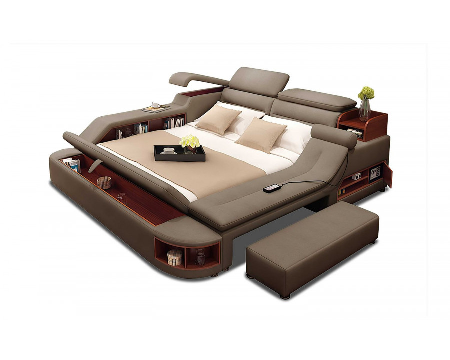 Jubilee Claudia Modern Multifunctional Smart Queen Size Right Hand Facing Bed with Bookshelves - Brown, Bonded Leather