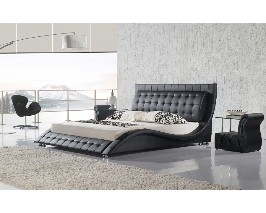 Jubilee Odin Curved Modern Queen Size Platform Bed - Black, Top Grain Italian Leather