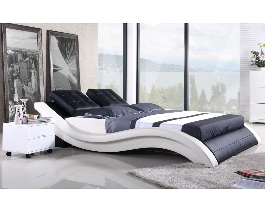 Jubilee Artemis Curved Modern Queen Size Platform Bed - Black/White, Top Grain Italian Leather