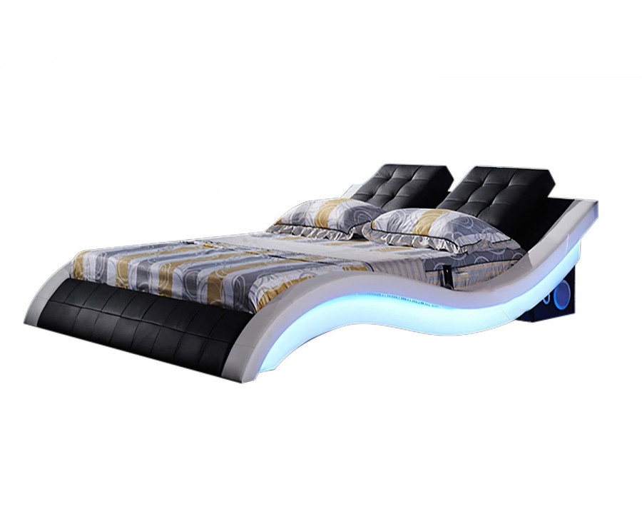 Jubilee Bianca Curved Modern Platform Smart Queen Size Bed with Led - Black/White, Bonded Leather