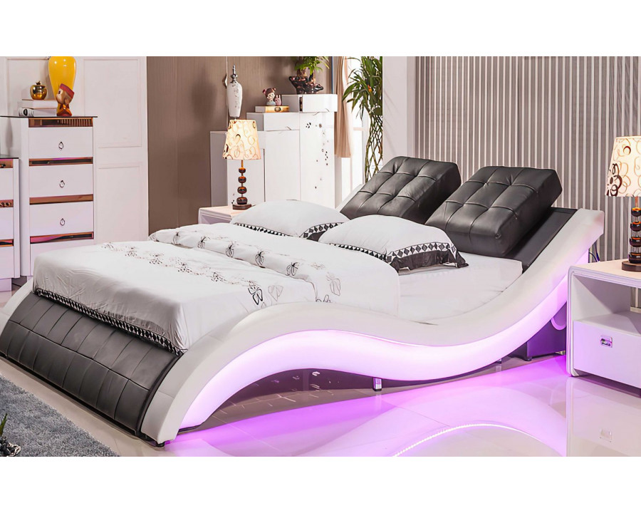 Jubilee Bianca Curved Modern Platform Smart King Size Bed with Led - Black/White, Bonded Leather