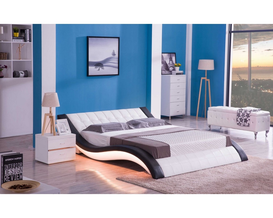 Jubilee Sunna Curved Modern Platform Smart Queen Size Bed with Led - White/Black, Bonded Leather